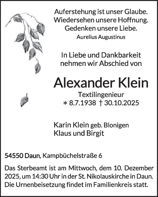 Traueranzeige von Alexander Klein von WochenSpiegel