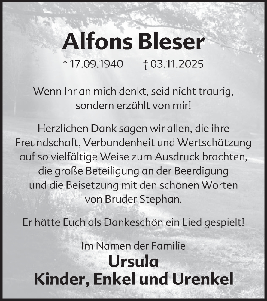  Traueranzeige für Alfons Bleser vom 03.12.2025 aus WochenSpiegel