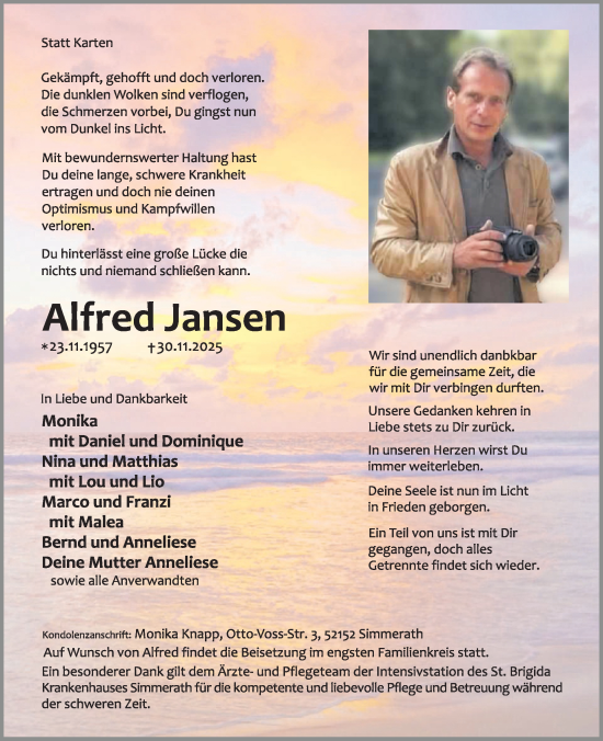 Traueranzeige von Alfred Jansen von WochenSpiegel