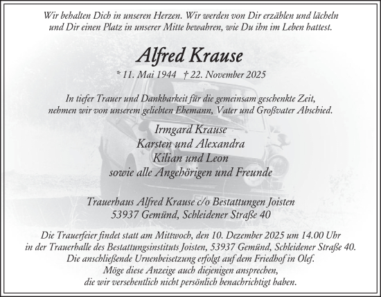 Traueranzeige von Alfred Krause von WochenSpiegel