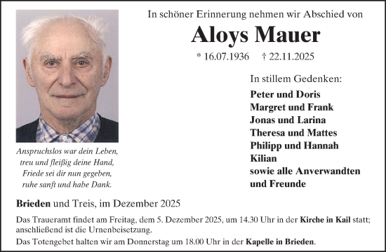 Traueranzeige von Aloys Mauer von WochenSpiegel