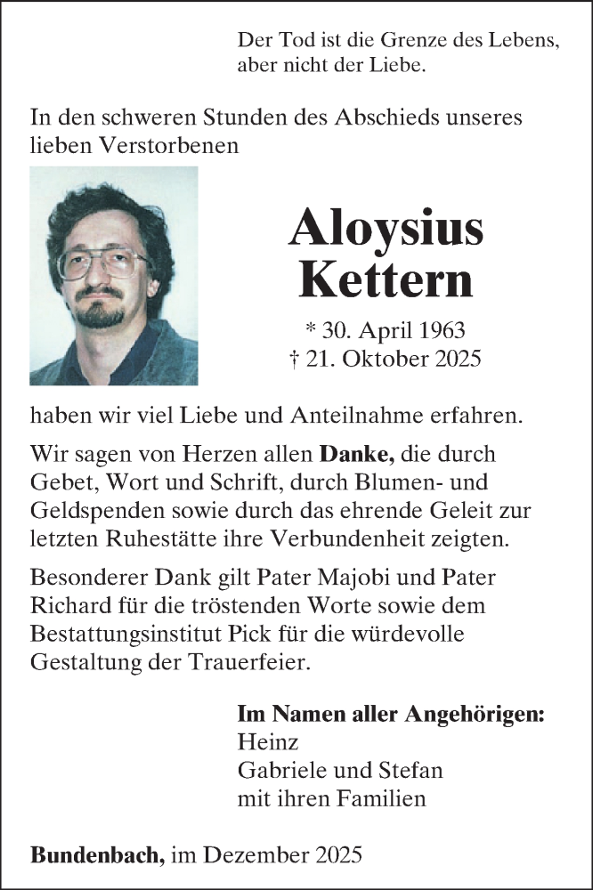  Traueranzeige für Aloysius Kettern vom 06.12.2025 aus WochenSpiegel