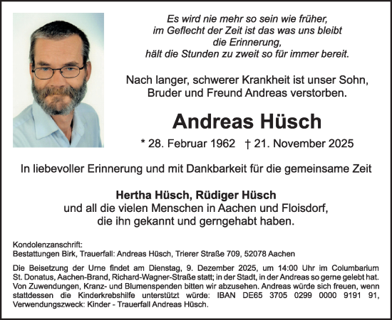 Traueranzeige von Andreas Hüsch von WochenSpiegel