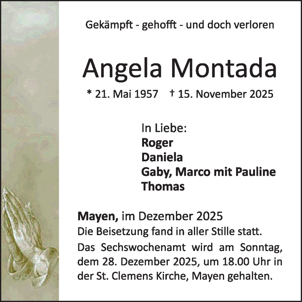  Traueranzeige für Angela Montada vom 10.12.2025 aus WochenSpiegel