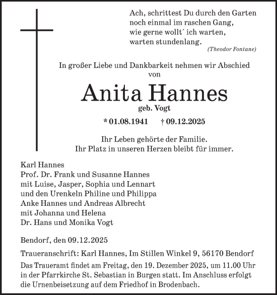 Traueranzeige von Anita Hannes von WochenSpiegel