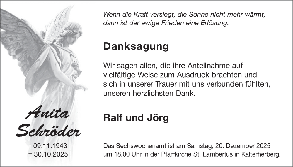  Traueranzeige für Anita Schröder vom 17.12.2025 aus WochenSpiegel