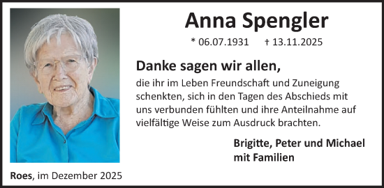 Traueranzeige von Anna Spengler von WochenSpiegel