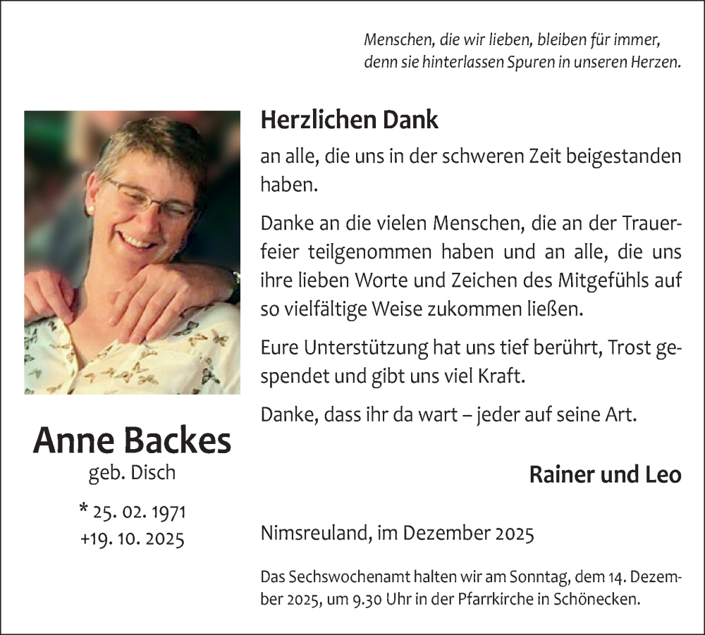  Traueranzeige für Anne Backes vom 05.12.2025 aus WochenSpiegel