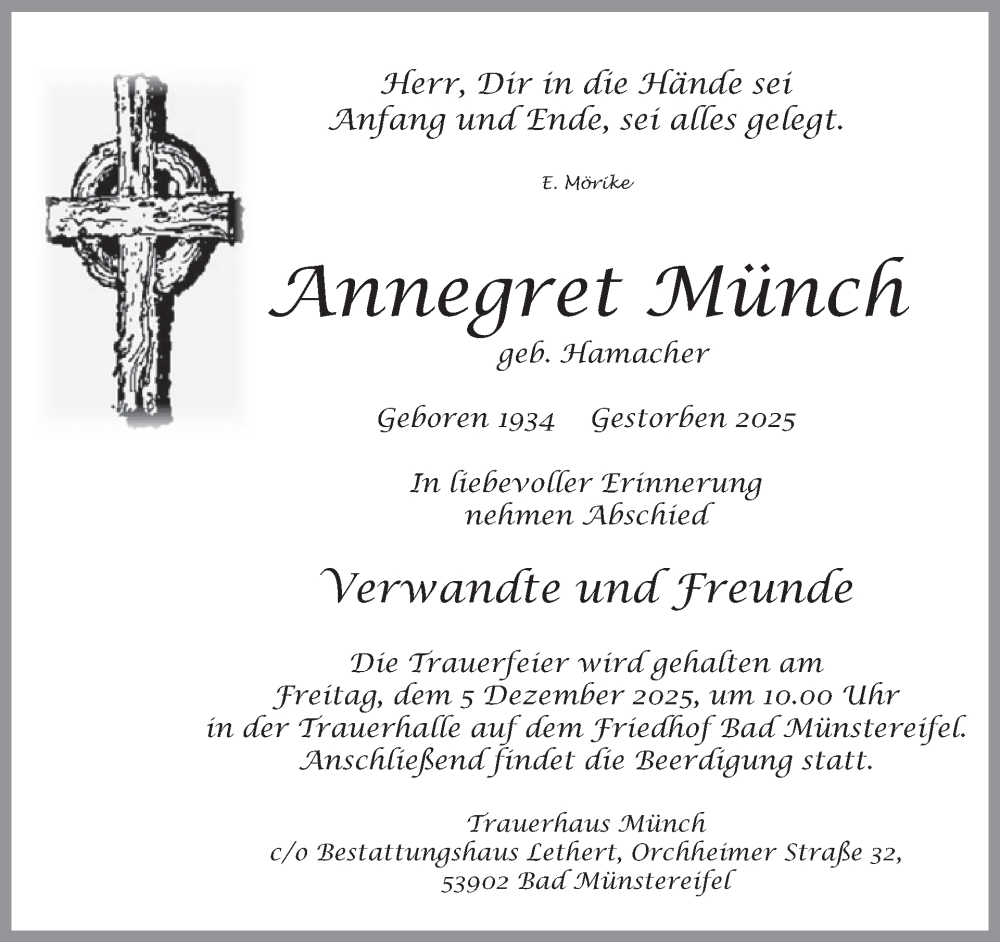  Traueranzeige für Annegret Münch vom 03.12.2025 aus WochenSpiegel