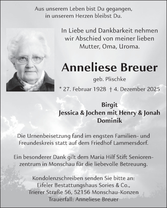 Traueranzeige von Anneliese Breuer von WochenSpiegel