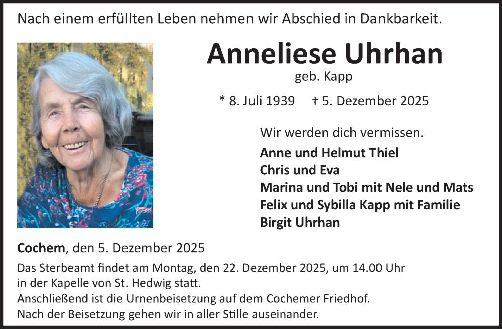  Traueranzeige für Anneliese Uhrhan vom 17.12.2025 aus WochenSpiegel