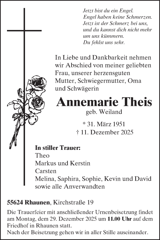 Traueranzeige von Annemarie Theis von WochenSpiegel