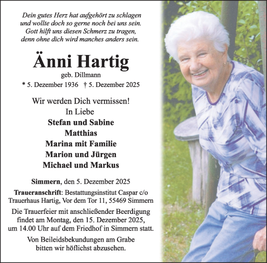 Traueranzeige von Anni Hartig von WochenSpiegel