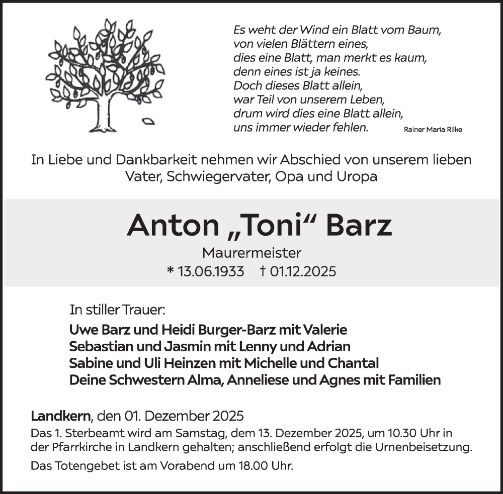  Traueranzeige für Anton Barz vom 10.12.2025 aus WochenSpiegel