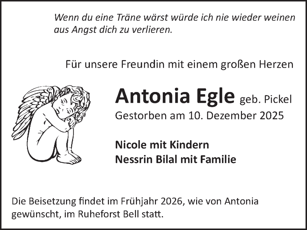  Traueranzeige für Antonia Egle vom 24.12.2025 aus WochenSpiegel