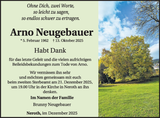 Traueranzeige von Arno Neugebauer von WochenSpiegel