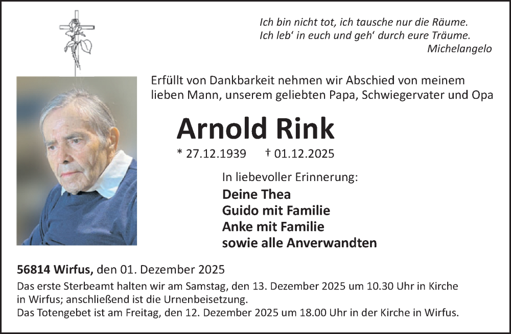  Traueranzeige für Arnold Rink vom 10.12.2025 aus WochenSpiegel