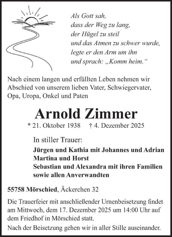 Traueranzeige von Arnold Zimmer von WochenSpiegel