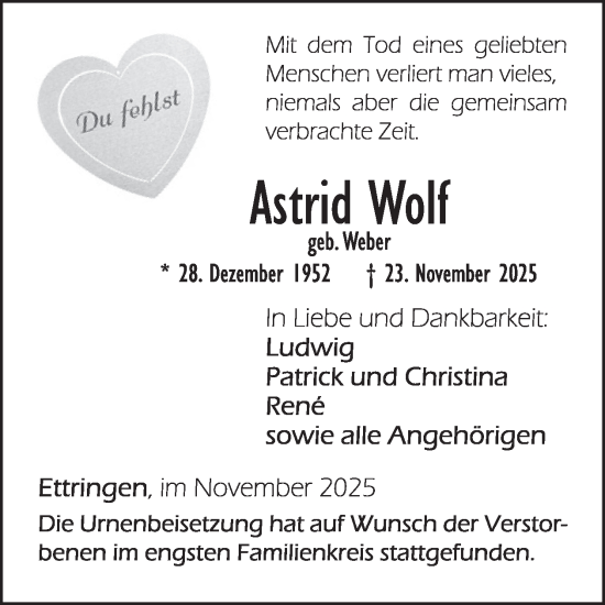 Traueranzeige von Astrid Wolf von WochenSpiegel