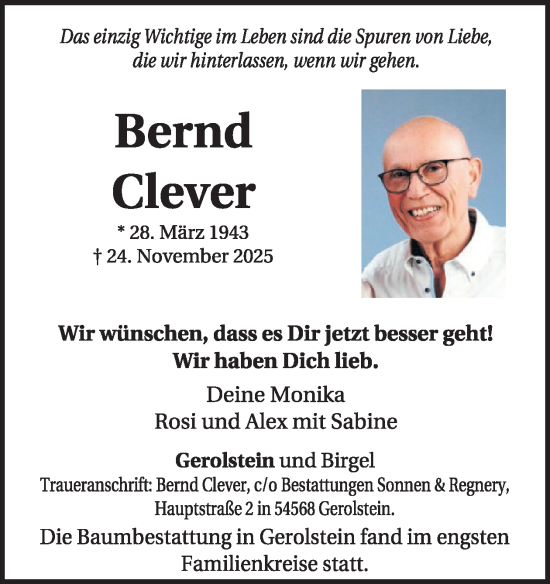 Traueranzeige von Bernd Clever von WochenSpiegel