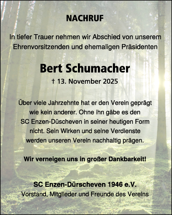 Traueranzeige von Bert Schumacher von WochenSpiegel