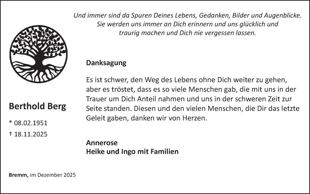  Traueranzeige für Berthold Berg vom 17.12.2025 aus WochenSpiegel