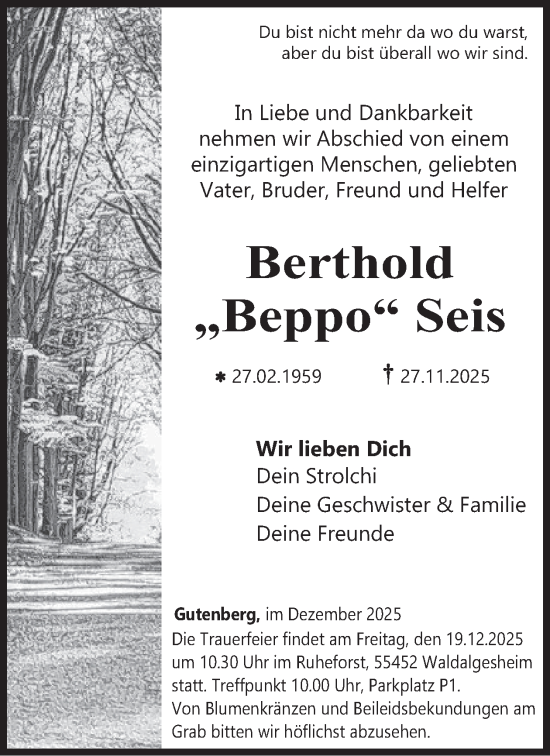 Traueranzeige von Berthold Seis von WochenSpiegel