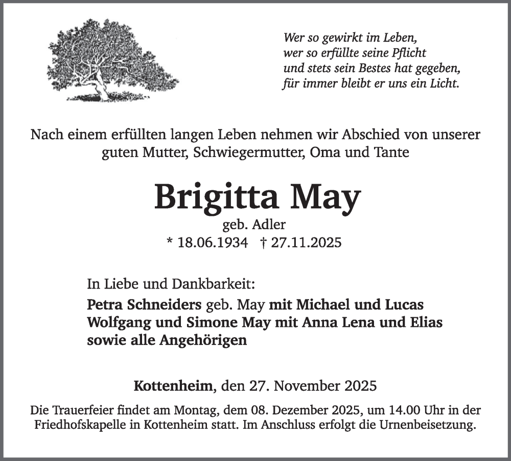  Traueranzeige für Brigitta May vom 03.12.2025 aus WochenSpiegel