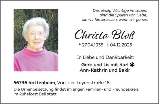 Traueranzeige von Christa Bloß von WochenSpiegel