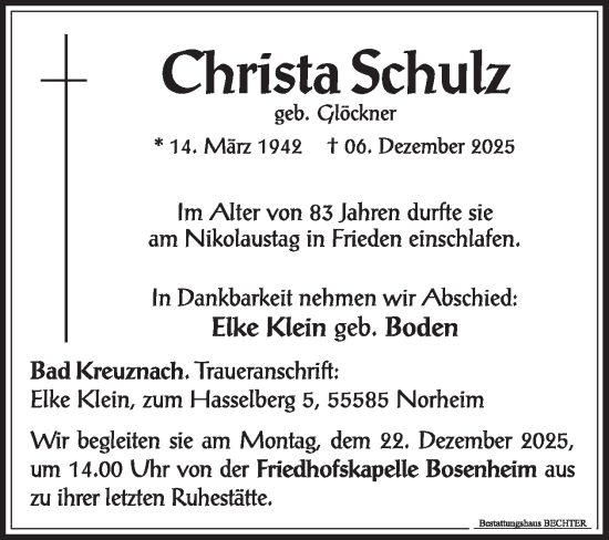 Traueranzeige von Christa Schulz von WochenSpiegel