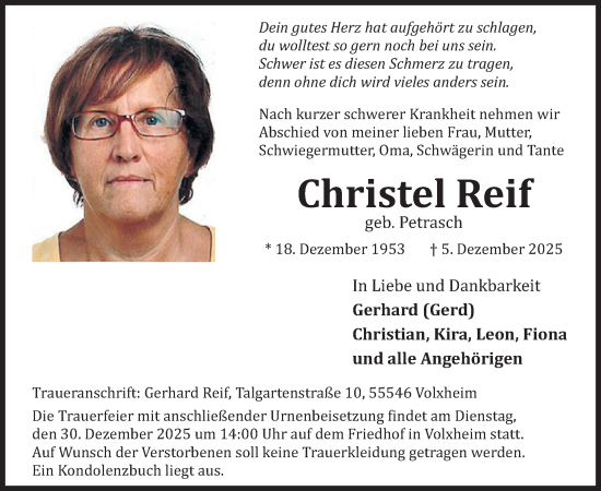 Traueranzeige von Christel Reif von WochenSpiegel
