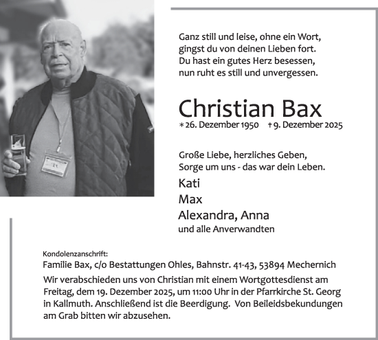 Traueranzeige von Christian Bax von WochenSpiegel