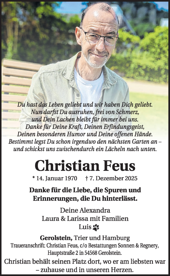Traueranzeige von Christian Feus von WochenSpiegel