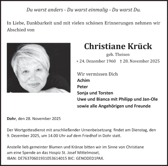 Traueranzeige von Christiane Krück von WochenSpiegel