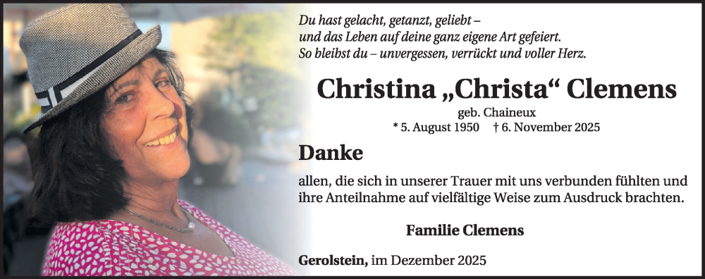  Traueranzeige für Christina Clemens vom 13.12.2025 aus WochenSpiegel