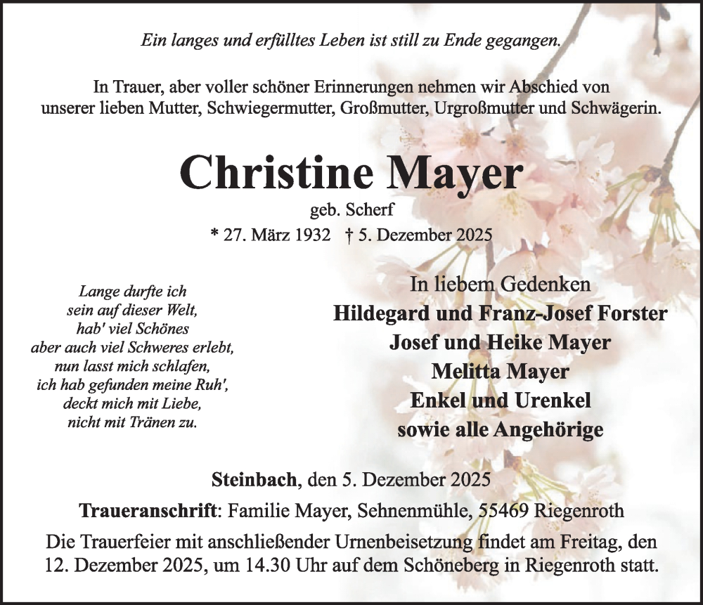  Traueranzeige für Christine Mayer vom 13.12.2025 aus WochenSpiegel
