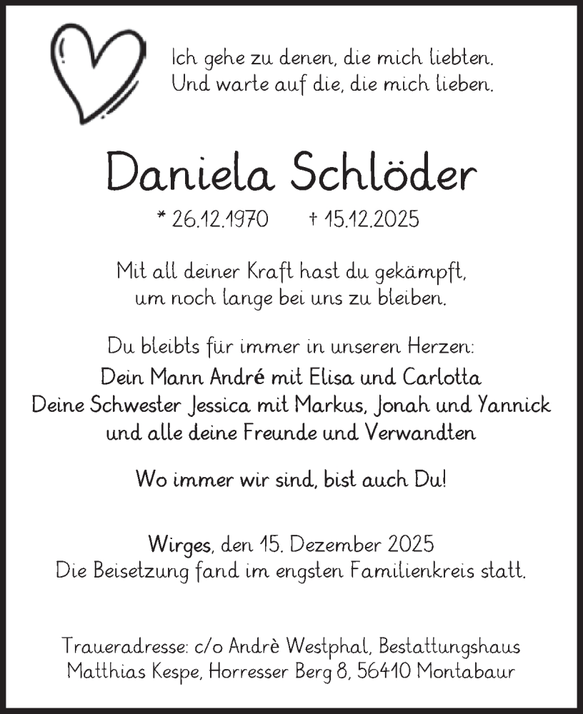  Traueranzeige für Daniela Schlöder vom 31.12.2025 aus WochenSpiegel