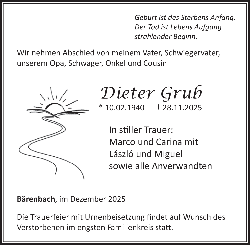  Traueranzeige für Dieter Grub vom 13.12.2025 aus WochenSpiegel