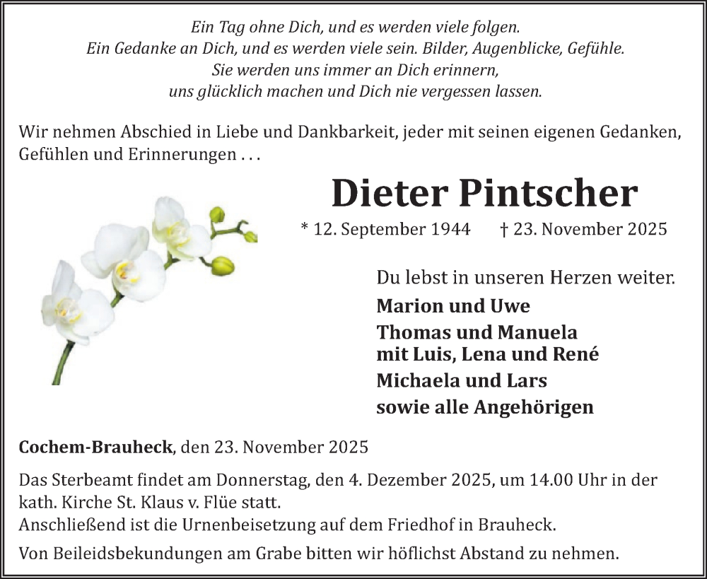  Traueranzeige für Dieter Pintscher vom 03.12.2025 aus WochenSpiegel