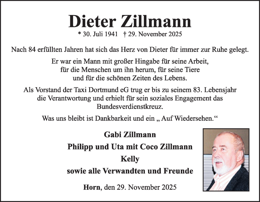  Traueranzeige für Dieter Zillmann vom 06.12.2025 aus WochenSpiegel