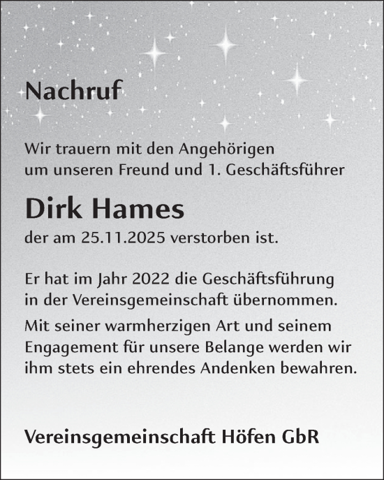 Traueranzeige von Dirk Hames von WochenSpiegel