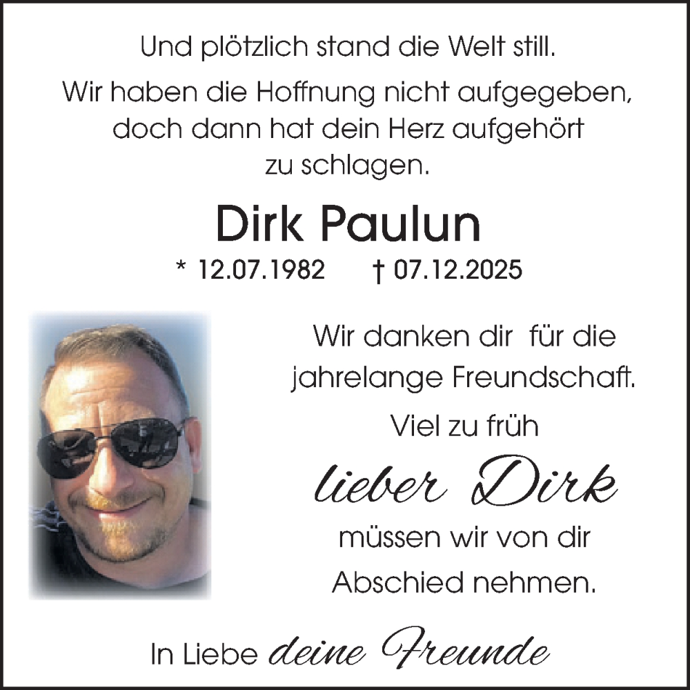  Traueranzeige für Dirk Paulun vom 13.12.2025 aus WochenSpiegel