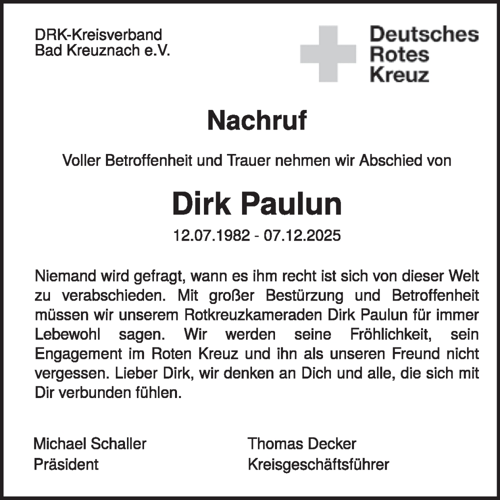 Traueranzeige für Dirk Paulun vom 20.12.2025 aus WochenSpiegel