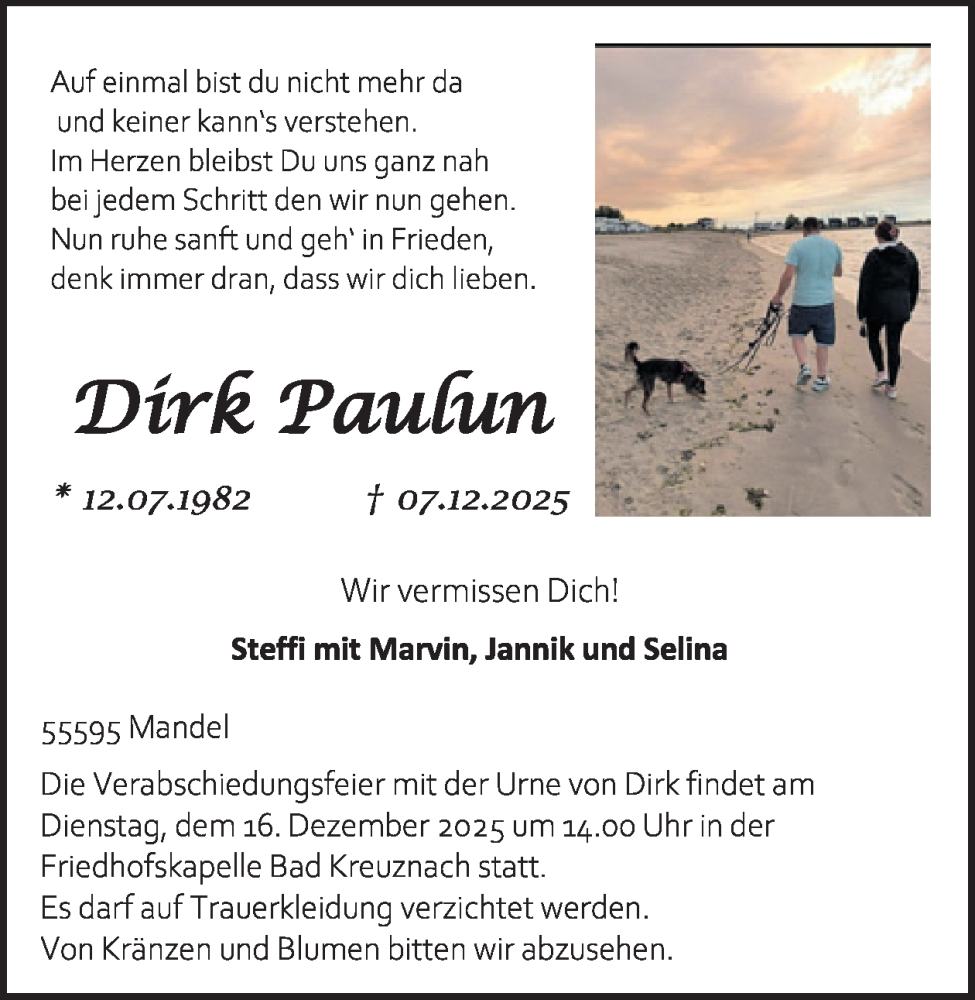  Traueranzeige für Dirk Paulun vom 13.12.2025 aus WochenSpiegel