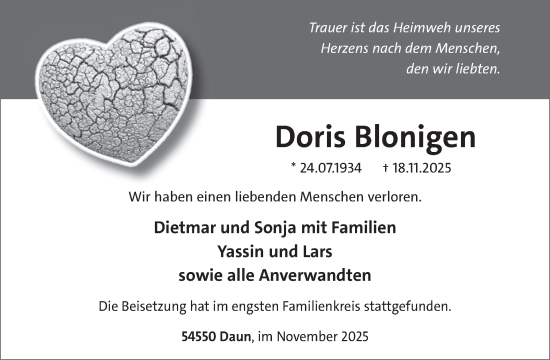Traueranzeige von Doris Blonigen von WochenSpiegel