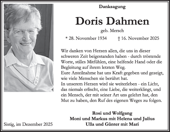 Traueranzeige von Doris Dahmen von WochenSpiegel