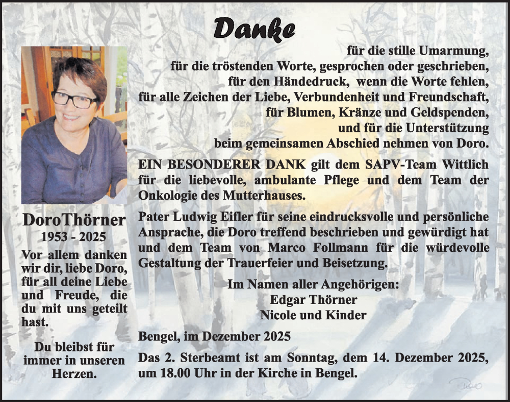  Traueranzeige für Doro Thörner vom 05.12.2025 aus WochenSpiegel