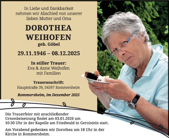 Traueranzeige von Dorothea Weihofen von WochenSpiegel
