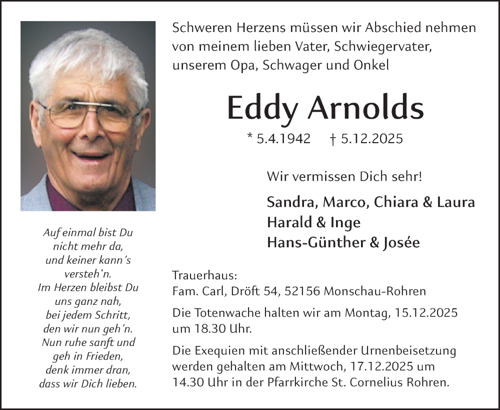  Traueranzeige für Eddy Arnolds vom 10.12.2025 aus WochenSpiegel