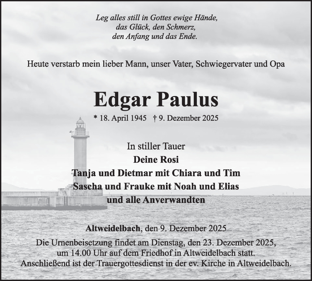  Traueranzeige für Edgar Paulus vom 20.12.2025 aus WochenSpiegel